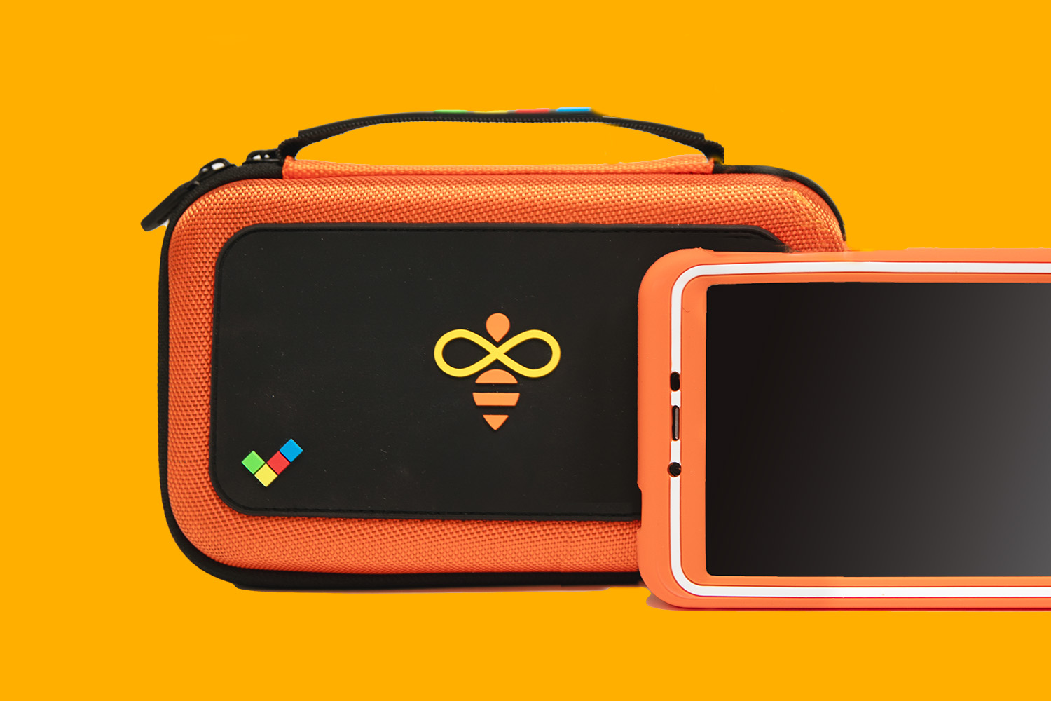 A staged photo of a onetab in an orange encasement, and its durable case standing behind it.