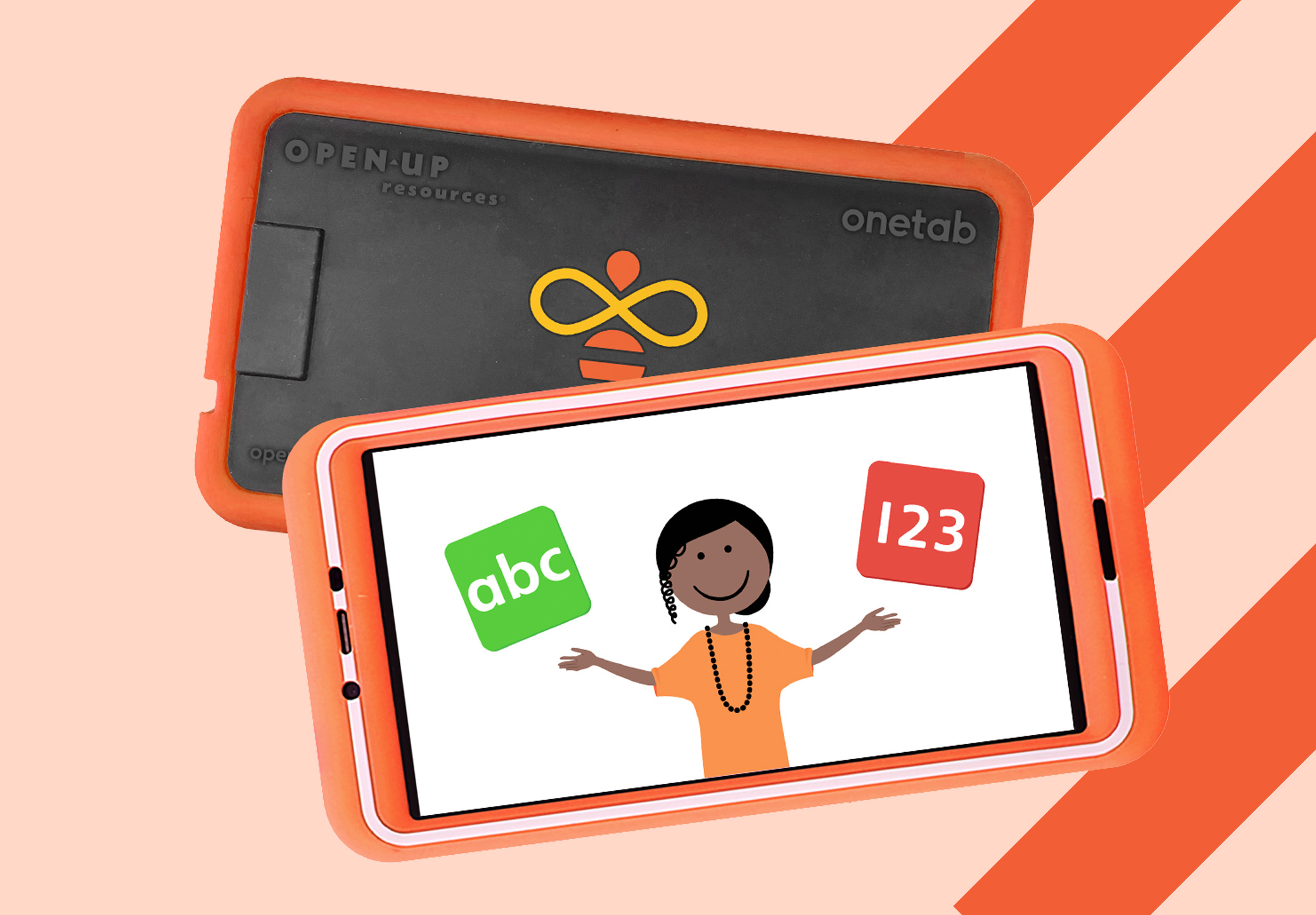 The front and back of the onetab device in its orange encasement, with OUR branding on the backside and a dark-skin toned cartoon girl on the screen with the options