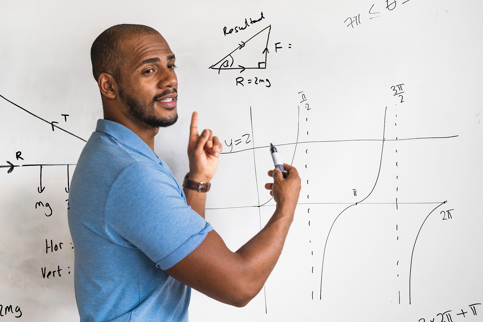 Math instructor demonstrates PreCalc problems at a white board.